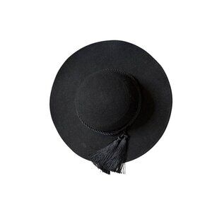 Blk Guess Wool Felt Balero Saturno Wide-Brimmed Hat Braided Cord Tassel Western